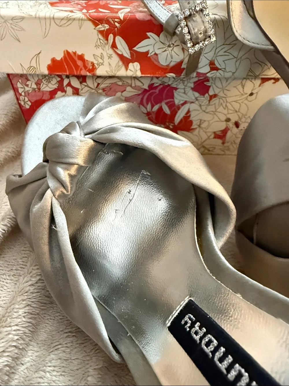 Chinese Laundry Silver Satin Knotted Platform Heels